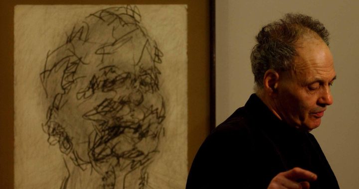 FRANK AUERBACH WITH HIS SELF PORTRAIT IN THE NPG. 14 May 2002 PILSTON