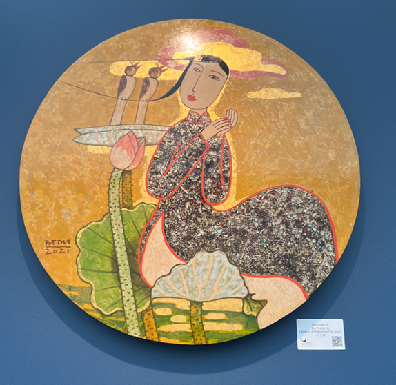 Bui Trong Du’s lacquer and gold leaf on wood paintings Happiness (2021) and Young Lady and Birds (2024). Photographs by Ashley Crawford.