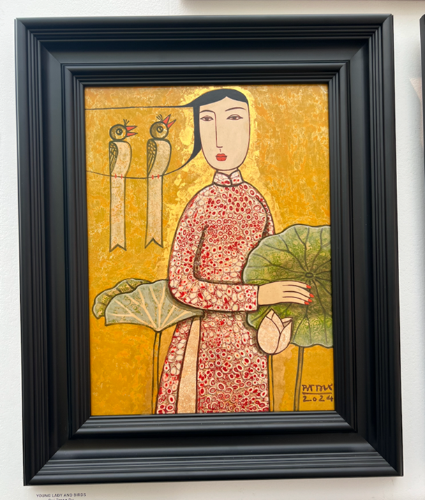 Bui Trong Du’s lacquer and gold leaf on wood paintings Happiness (2021) and Young Lady and Birds (2024). Photographs by Ashley Crawford.