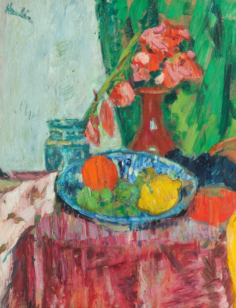 George Leslie Hunter (British, 1877-1931) Still Life with Gladioli, Dish and Fruit, on Pink Cloth Painted circa 1923