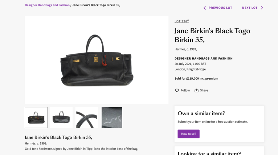 Jane Birkin’s Black Togo sold at auction in 2021 for £119,000