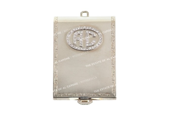 A 14k white gold and diamond personalised matchbook cover, owned by Al Capone. Sold at Witherills Auctioneers, 2021, for $36,300